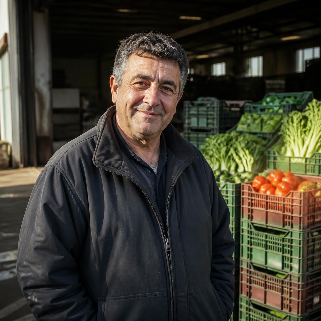 Stratis, owner of S & A Produce, standing beside crates of lettuce and tomatoes